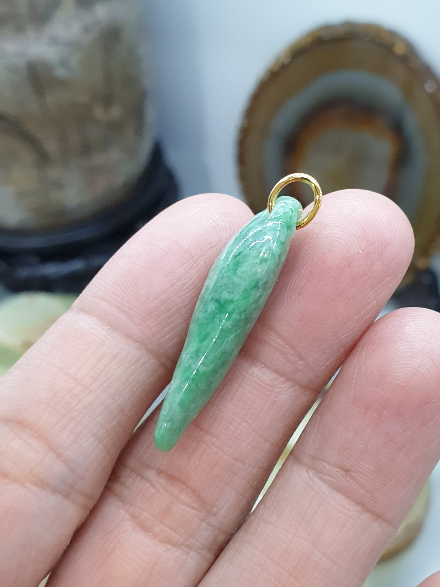 Green Jade Lucky Charm Pendant | 9K Gold Bail | Fei Cui Natural Jadeite