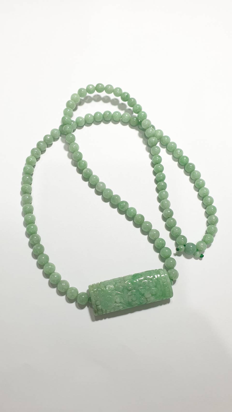Jade Necklace 24inch with Floral Cylinder Type A Jadeite Natural Pastel Green