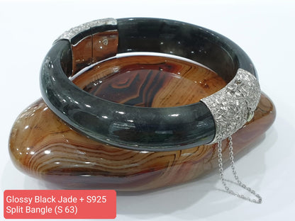 Black Jade Split Bangle (S 63) | Sterling Silver | Authentic Fei Cui Jade | Elegant Wrist Accessory for Him or Her