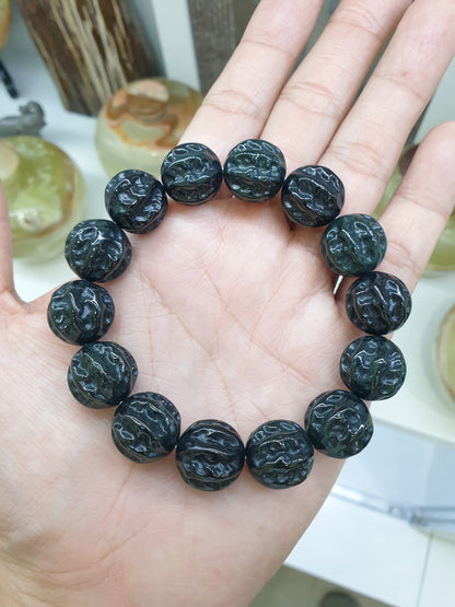 Type A Natural Black Jadeite Bodhi Bead Bracelet 17cm - Hand-Carved
