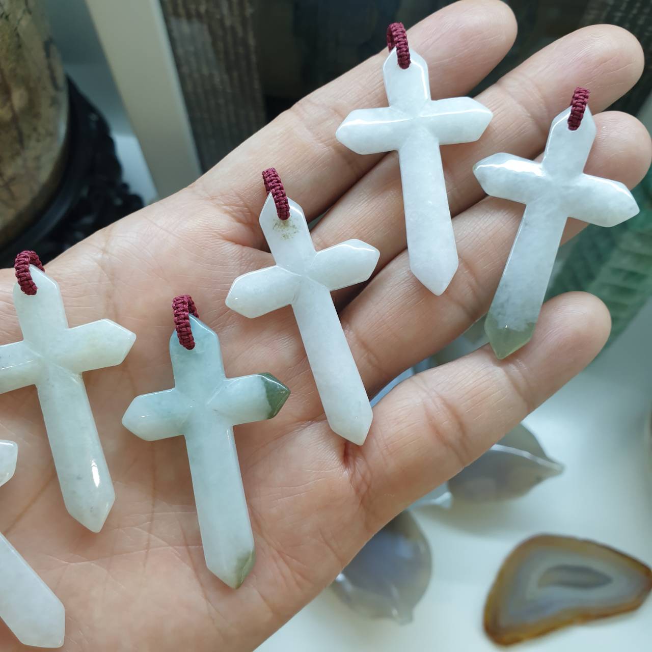 White Jade Cross Pendant (Random Pick) | Fei Cui - Type A Jadeite | Handwoven Bail