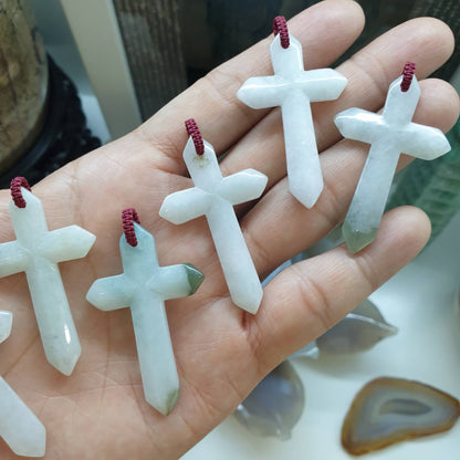 White Jade Cross Pendant (Random Pick) | Fei Cui - Type A Jadeite | Handwoven Bail