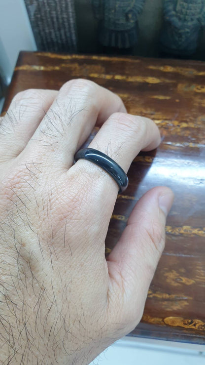 Type A Natural Black Jadeite Slim Band Ring US 12 to 13.25