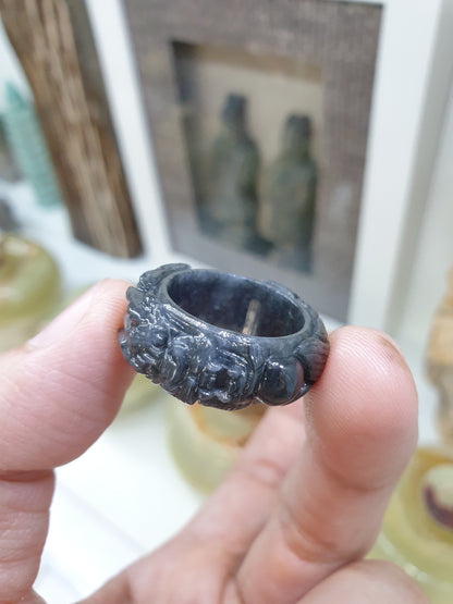 Type A Natural Black Jadeite Carved Dragon Ring - US Size 7.5