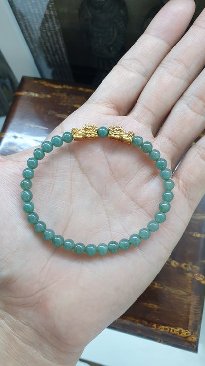 Fortune Dragon Wealth Bracelets | Solid 9K Gold Pixiu | Fei Cui - Type A Jadeite Beads
