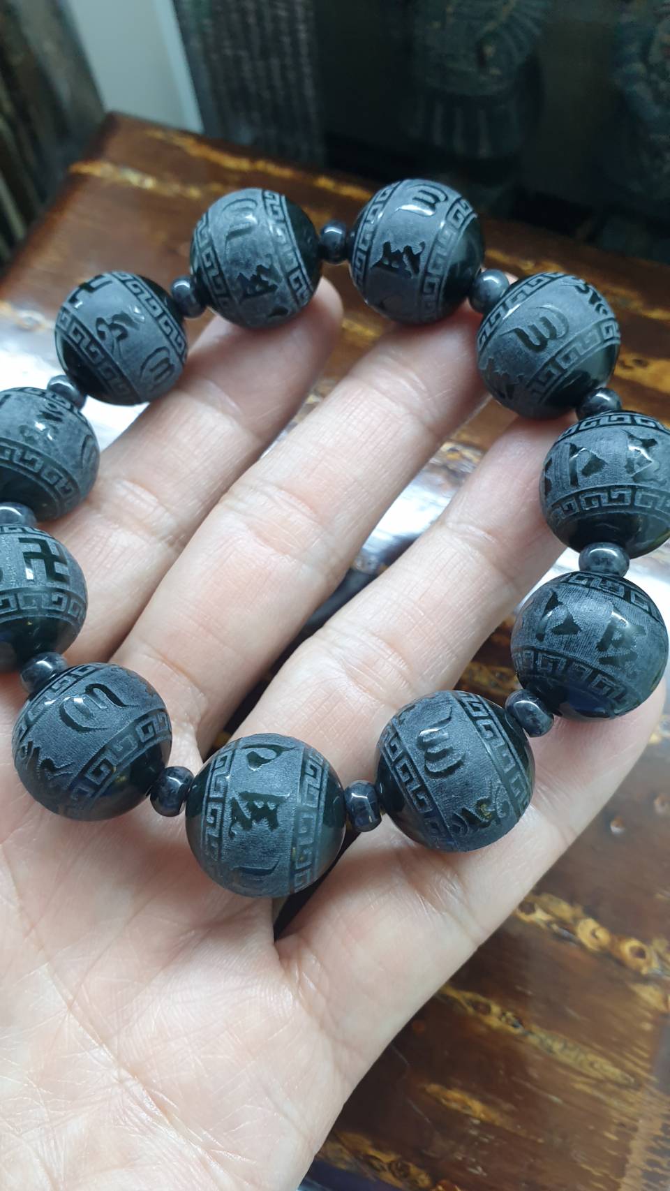 Mani Mantra Bracelet (18.5 cm) | Type A - Natural Black Jade Beads | Statement Wrist Accessory