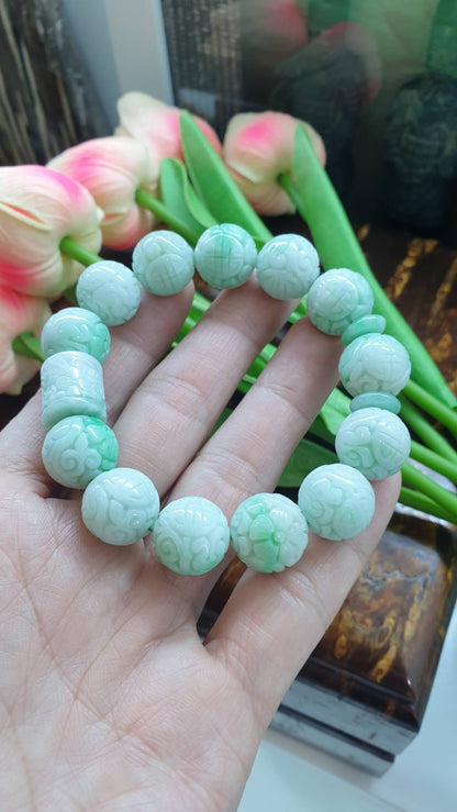 Natural Moss In Snow Jade 17cm Bracelet with Cylinder and Ping An Kou Charm
