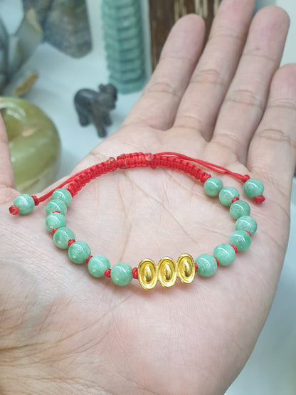 24K Pure Gold Ingot Bracelet with Natural Apple Green Fei Cui Jadeite and Red Thread