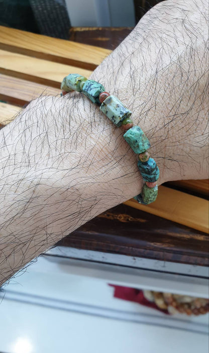Turquoise Stretch Bracelet 17cm, Natural Gemstone Rugged Cylinder Beads