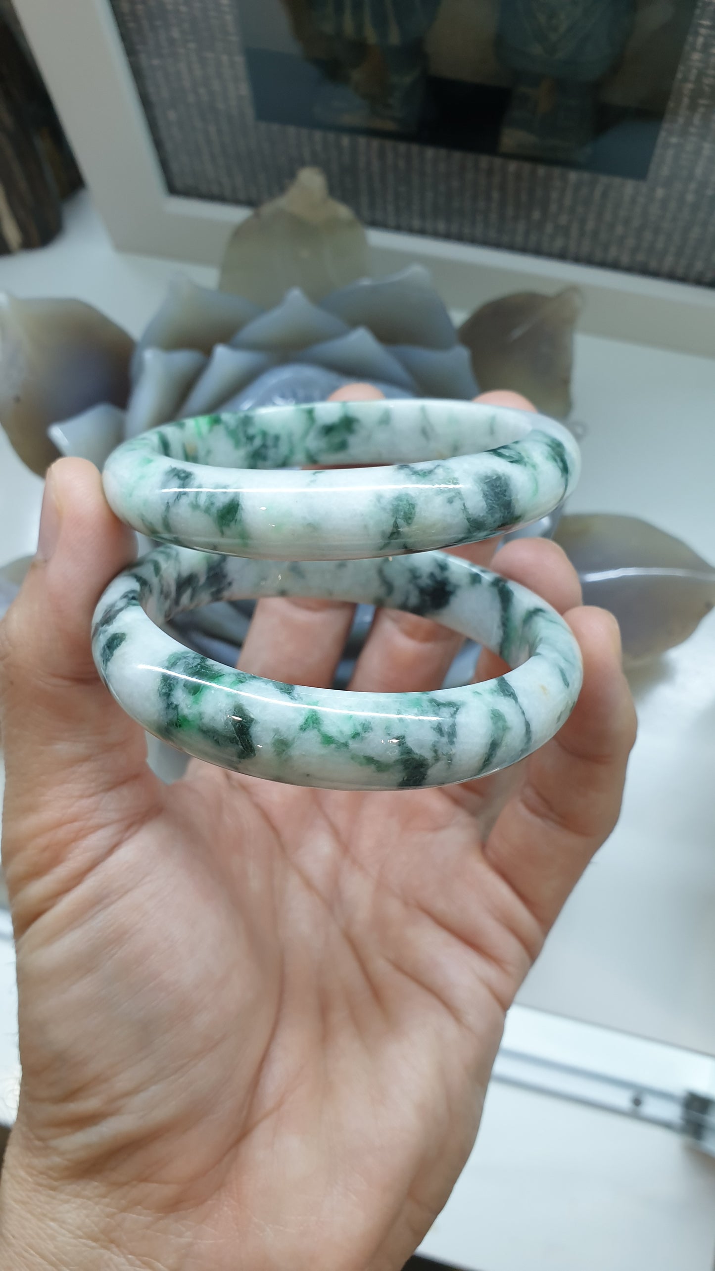 Paired Marbled Green Jade Bangles S57.5 Type A Natural Burma Jadeite