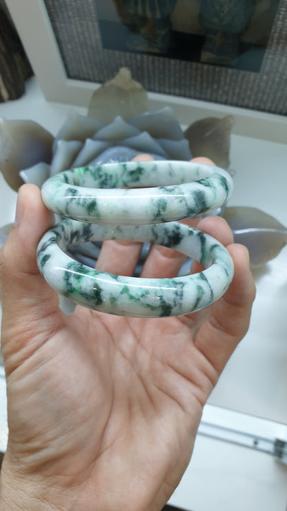 Paired Marbled Green Jade Bangles S57.5 Type A Natural Burma Jadeite