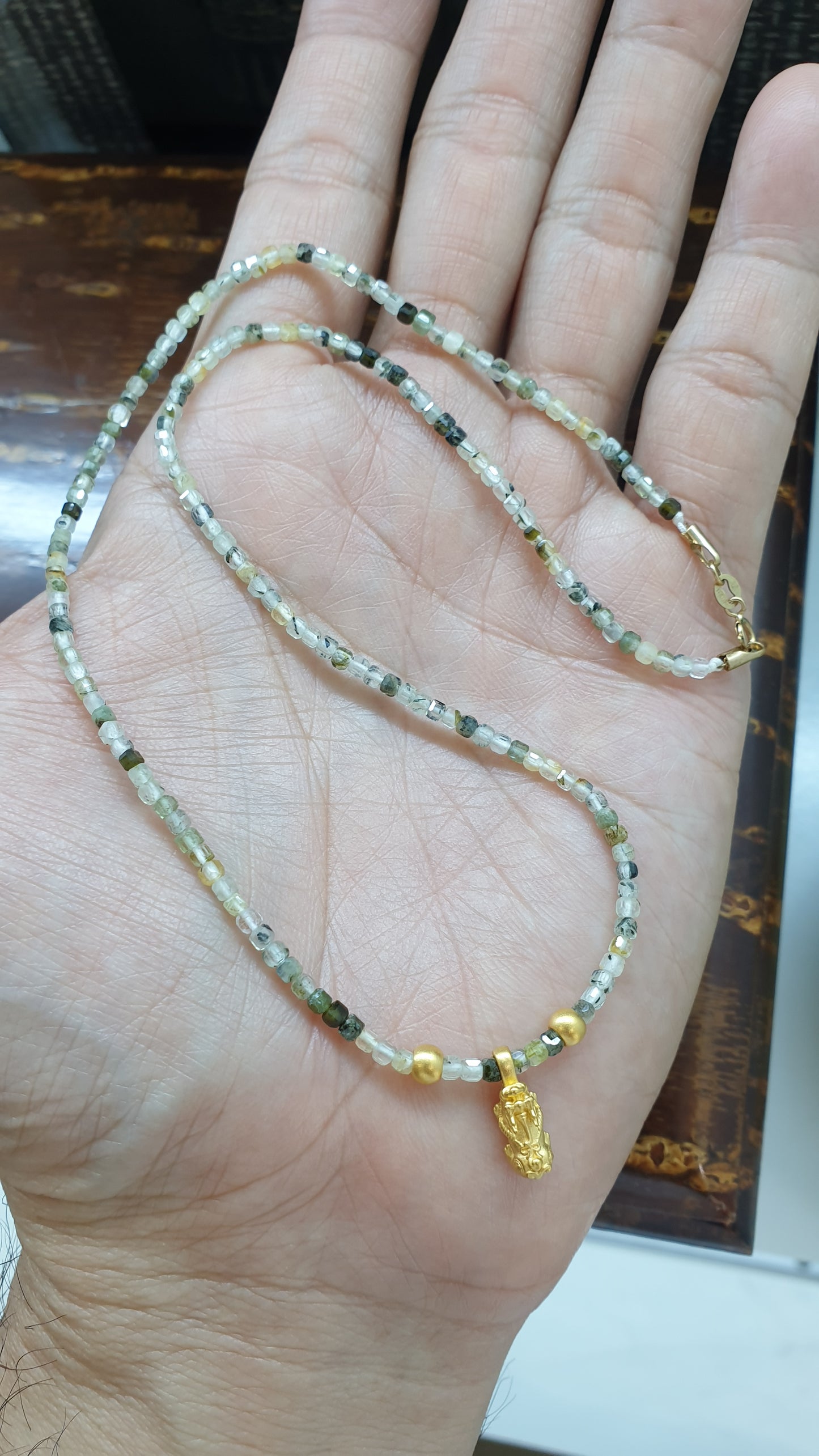 24K Gold Pixiu in Beaded Necklace (16") (Selection) | Pure 24K Gold Pixiu & 9K Gold Lobster | Natural Gem Beads