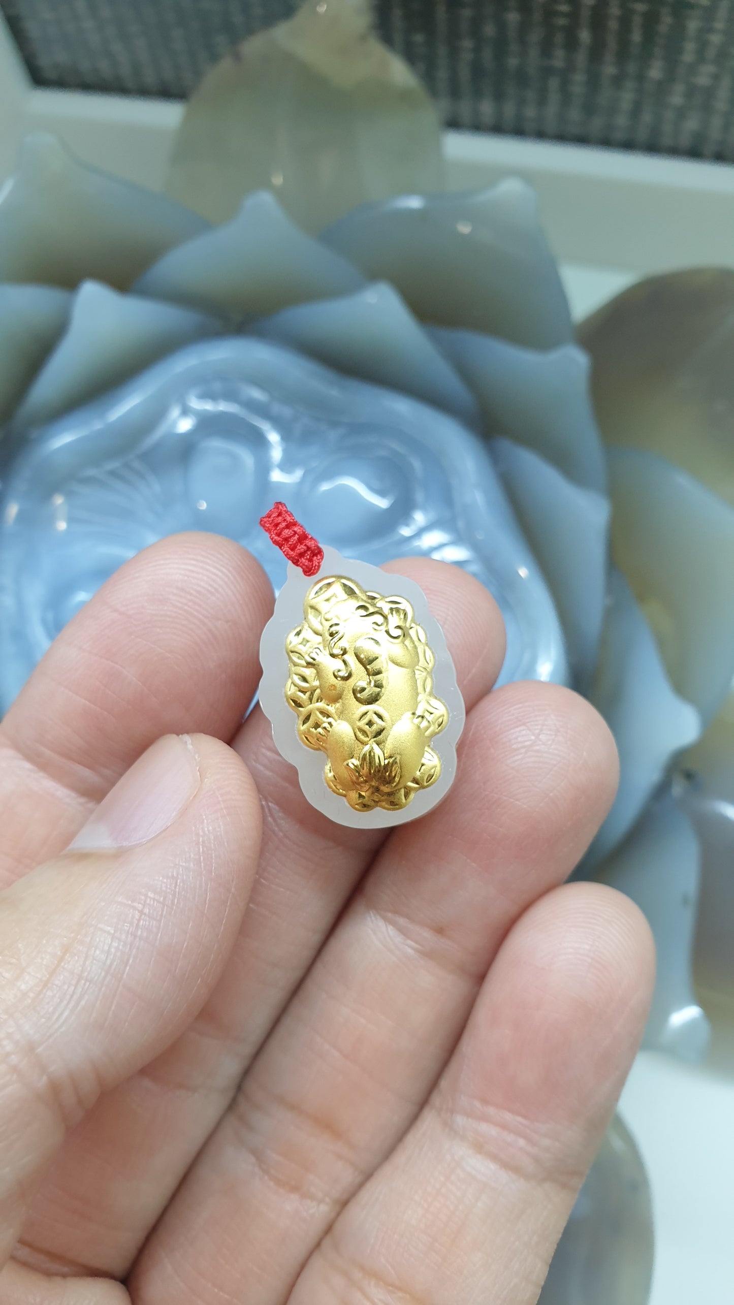 24K Gold Pixiu Pendant (4D Printed / Coated) | Natural Hetian Jade | Lucky Red Thread