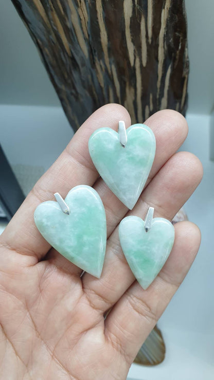 Moss in Snow Jade Heart Pendant (Selection) | Fei Cui - Type A Jadeite | Sterling Silver Bail