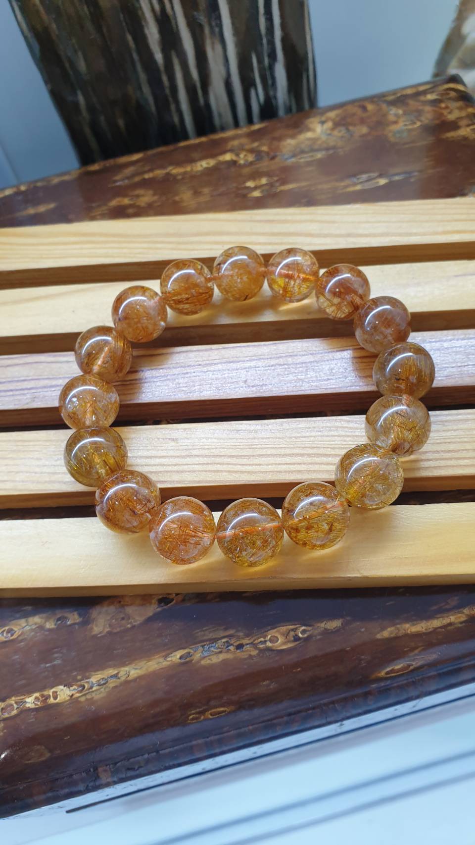 Red Rutilated Quartz Bracelet 17.5 cm - Natural Gemstone 13.5 mm Beads