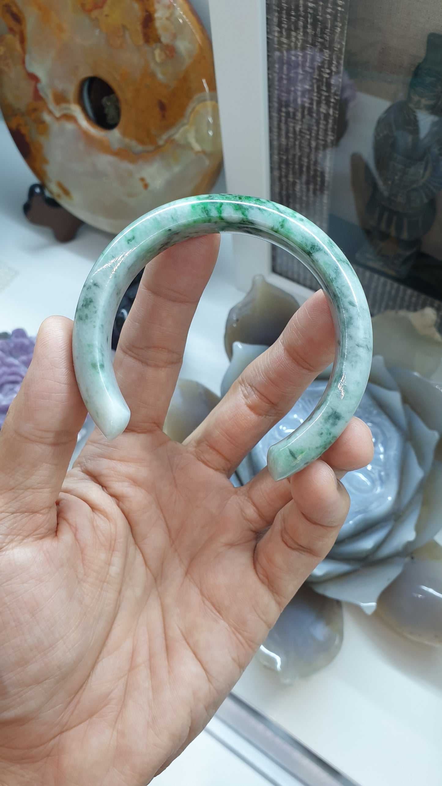 Jade Cuff Bangle Size 58 - 59 Type A - Natural Green Marbled Jadeite