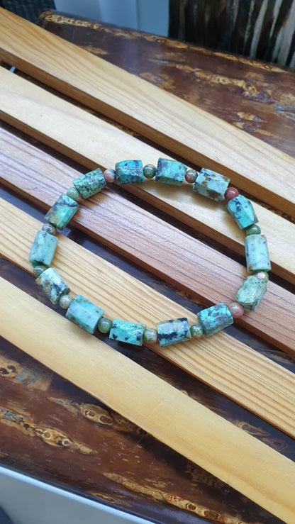 Turquoise Stretch Bracelet 17cm, Natural Gemstone Rugged Cylinder Beads