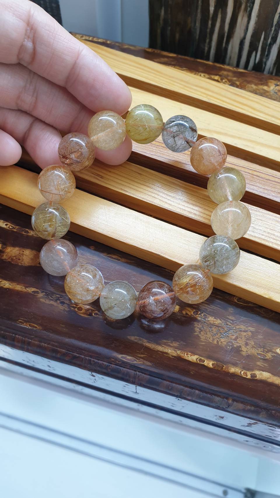 Multicolor Rutilated Quartz Bracelet 18 cm, Natural Quartz Beads 14.5 mm