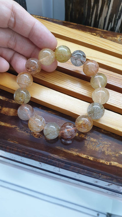 Multicolor Rutilated Quartz Bracelet 18 cm, Natural Quartz Beads 14.5 mm
