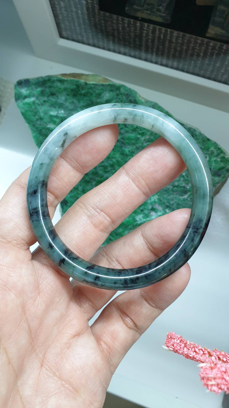 Cylindrical Jade Bangle S56 Slim Type A Natural Blue Jadeite Black Banded