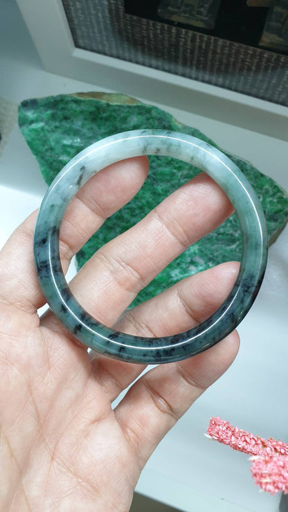 Cylindrical Jade Bangle S56 Slim Type A Natural Blue Jadeite Black Banded