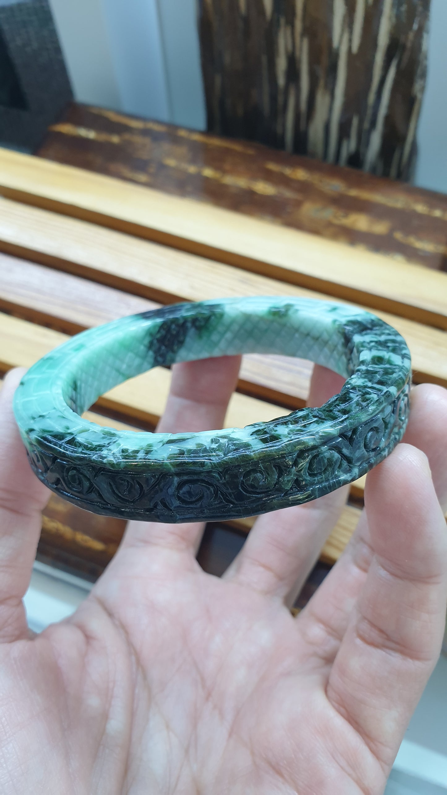 Jade Ru Yi Bangle S59 Two Tone Green Type A Myanmar Natural Jadeite