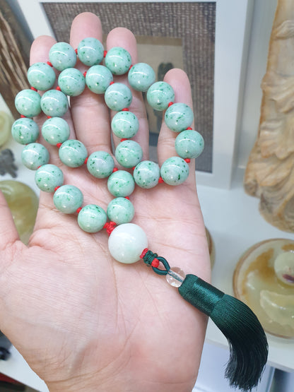 Jade Japa Mala | Speckled Green Beads - Type A Jadeite | Handcrafted Lucky Charms Ideal for Gifting 🎁