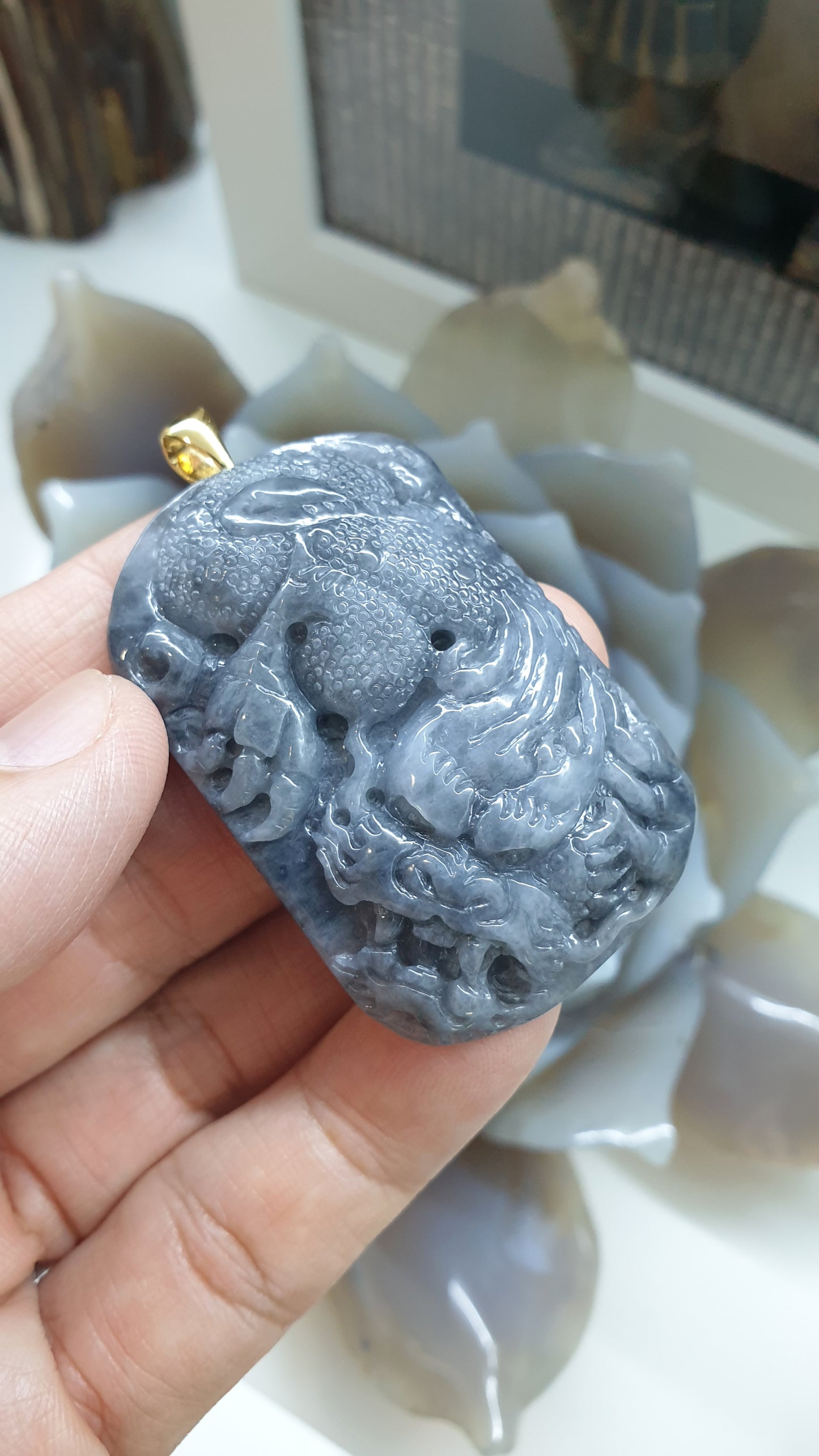 Gents Style Genuine Gray Jade Dragon Pendant 🐉| 9K Gold Bail | Type A Natural Jadeite