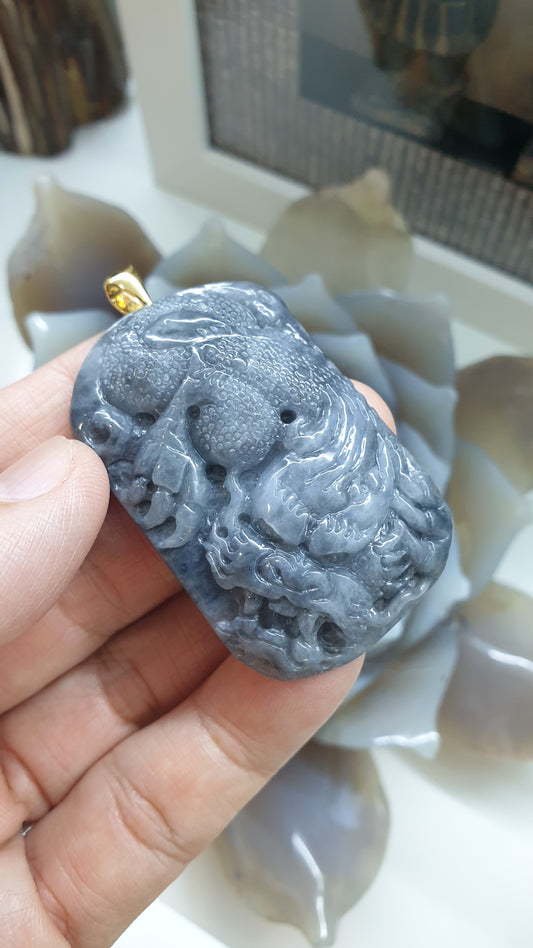 Gents Style Genuine Gray Jade Dragon Pendant 🐉| 9K Gold Bail | Type A Natural Jadeite