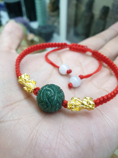 Jade Ru Yi & Gold Pixiu on Red Thread Bracelet (Adjustable) | Pure 24K Gold | Fei Cui - Type A Jadeite