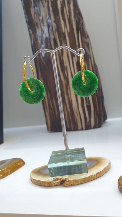 Jade Ping An Kou Loop Earrings | Solid 22K Gold | Fei Cui Type A Natural Jadeite