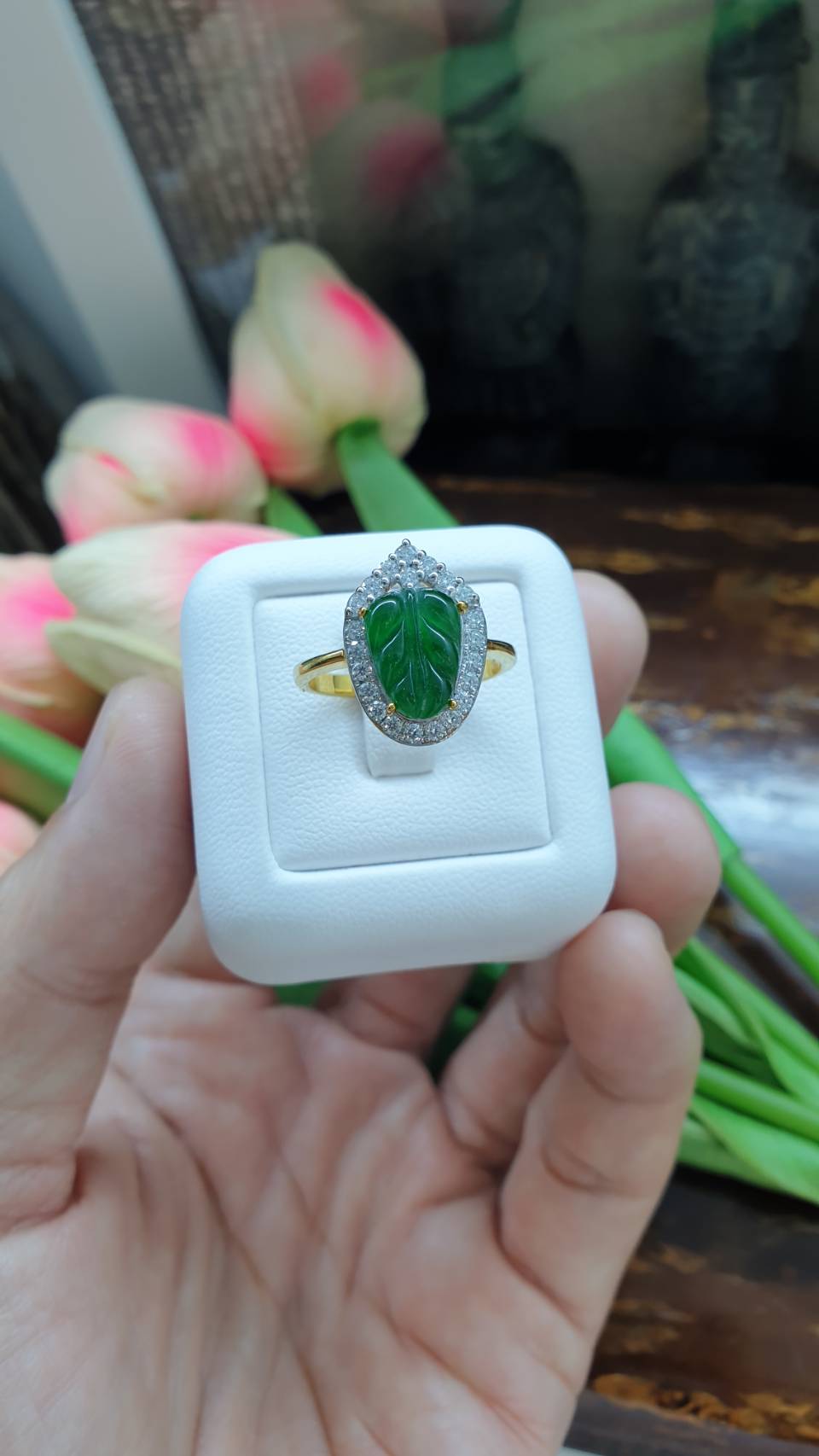 Imperial Jade Leaf & Moissanite Ring (7.5 US)| 9K Gold | Lucky Charm Ring for Her