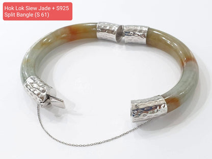 Hok Lok Siew Jade Split Bangle, Cylindrical (S 61) | Sterling Silver | Fei Cui Natural Jadeite | Eye Candy Wrist Accessory for Him or Her