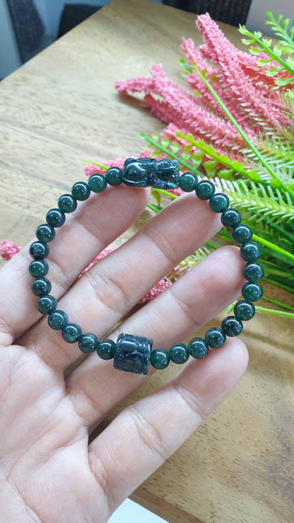 Ocean Blue Jade Wealth Bracelet 17cm Pixiu Ru Yi Bead Charms Type A Natural Jadeite