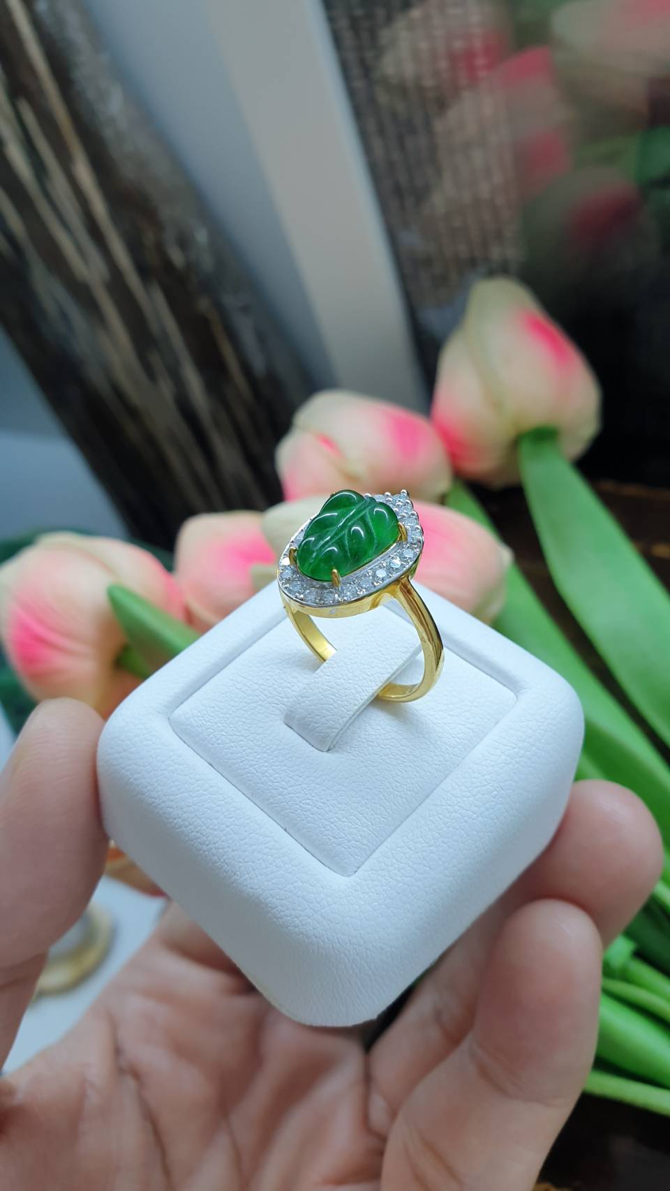 Imperial Jade Leaf & Moissanite Ring (7.5 US)| 9K Gold | Lucky Charm Ring for Her