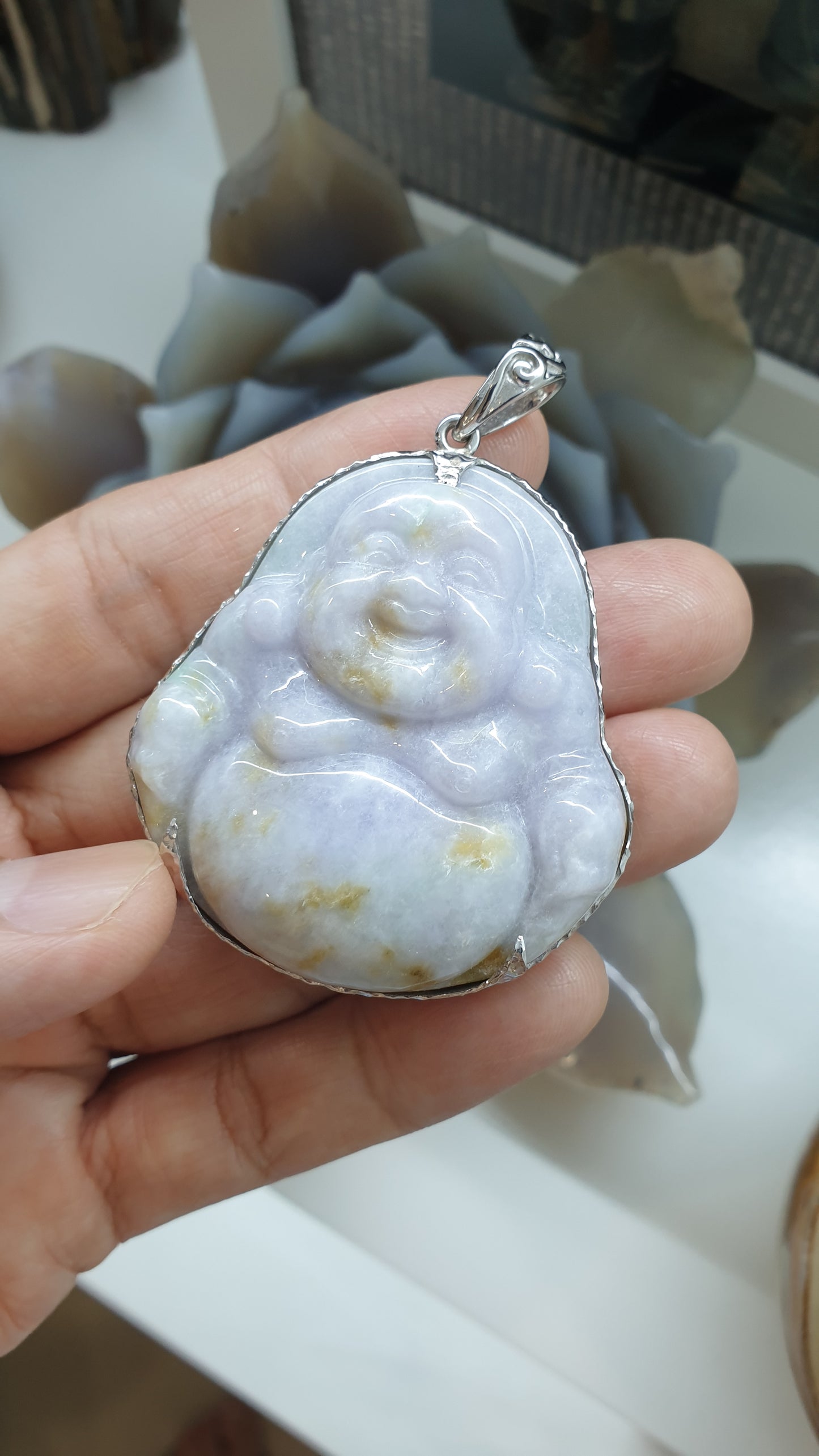 Lavender Jade Happy Buddha Pendant | Textured Sterling Silver | Wealth & Fortune Jewelry