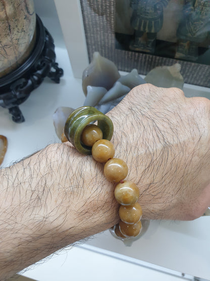 Earthy Cream-Brown Natural Jade Bracelet | Detachable Archer’s Ring Charm | His or Hers Unique Wrist Candy with Handmade Beads