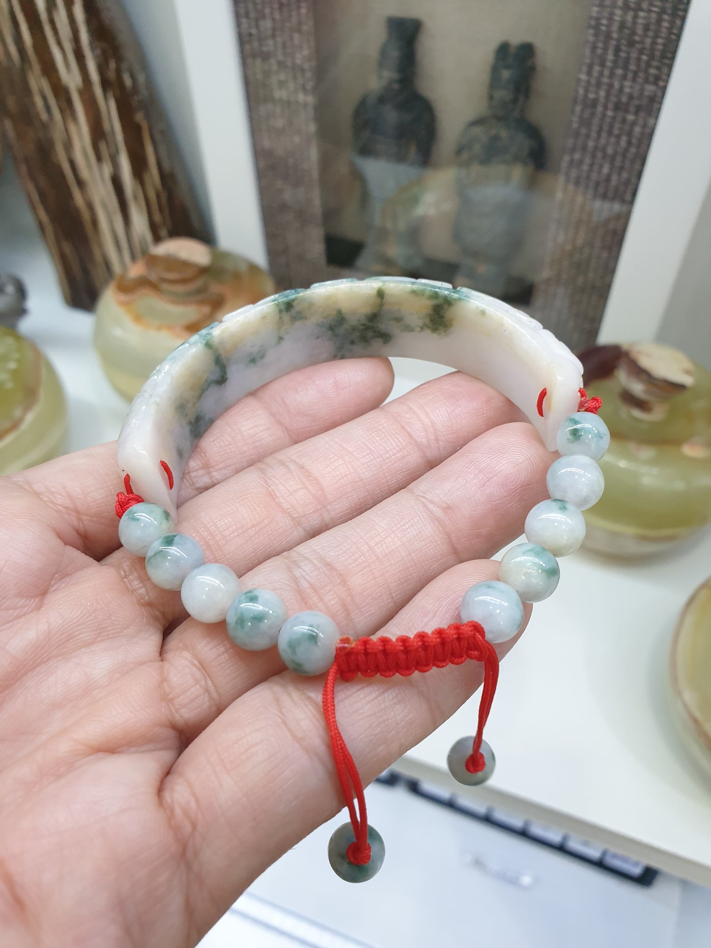 Jade Floral Half Bangle Red Thread Bracelet (Adjustable) | Fei Cui - Type A - Jadeite