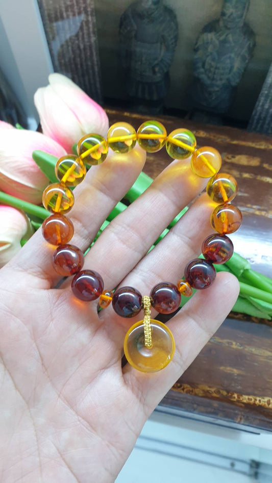 Amber Ping An Kou Charm Bracelet | Natural Stone Beads | Lucky Charm Wrist Candy For Her
