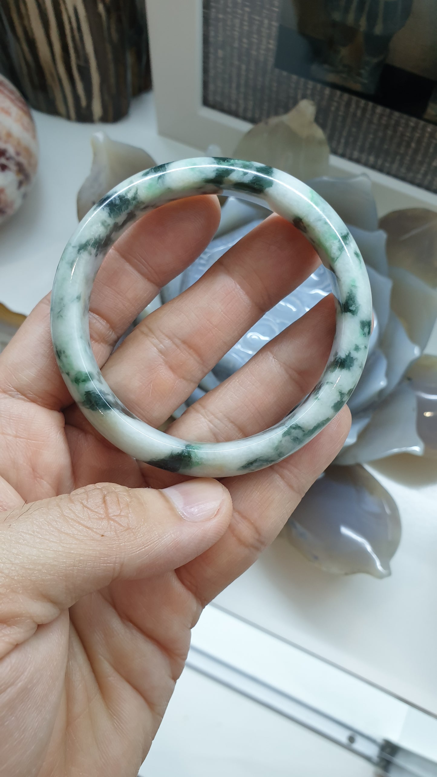 Paired Marbled Green Jade Bangles S57.5 Type A Natural Burma Jadeite