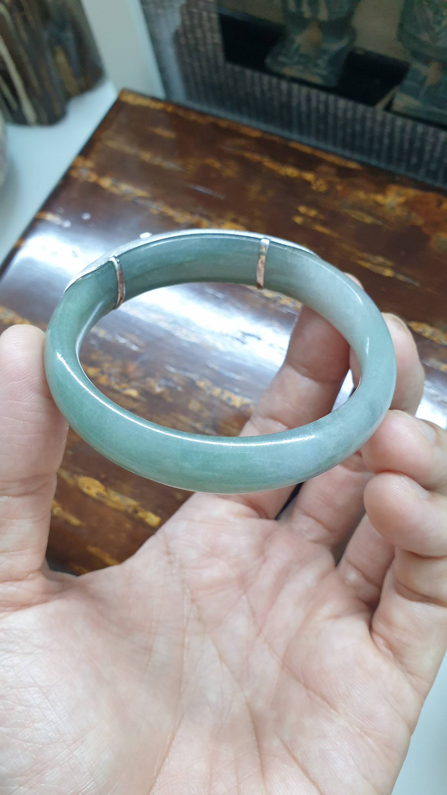 Elegant Cross on Jade Bangle (S 56 - 57) | Fei Cui Type A Jadeite & Sterling Silver | Statement Wrist Accessory