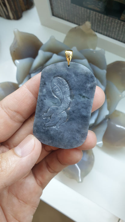 Gents Style Genuine Gray Jade Dragon Pendant 🐉| 9K Gold Bail | Type A Natural Jadeite