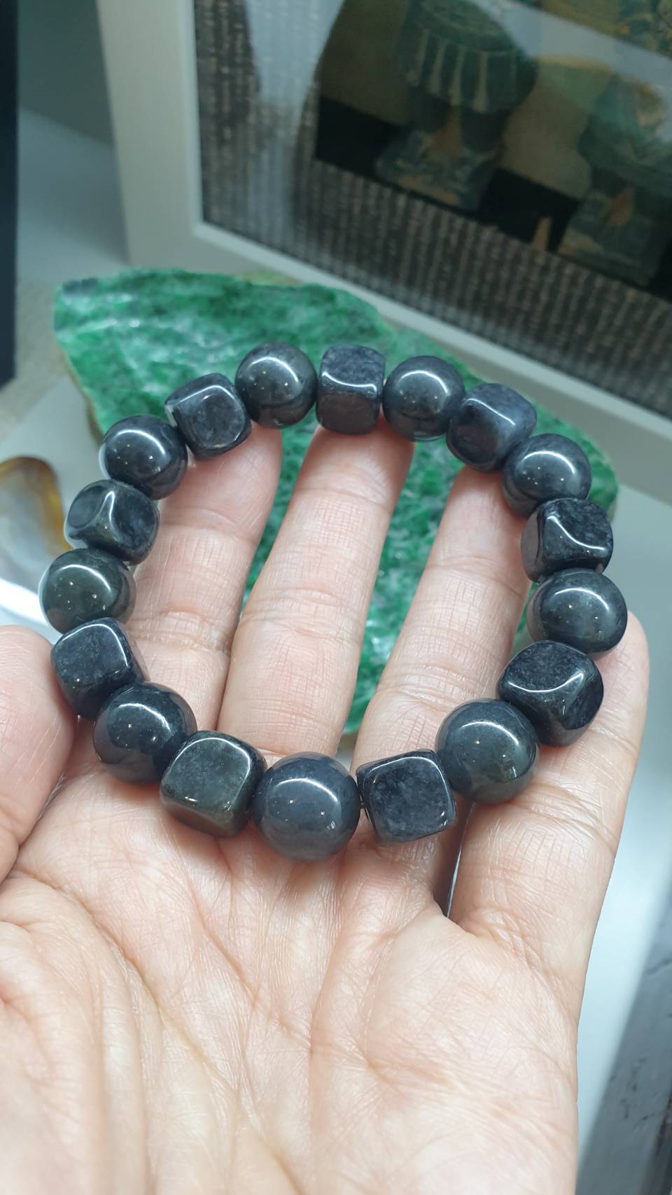 Type A Natural Black Jadeite 18mm Bracelet with Cube and Beads Jade