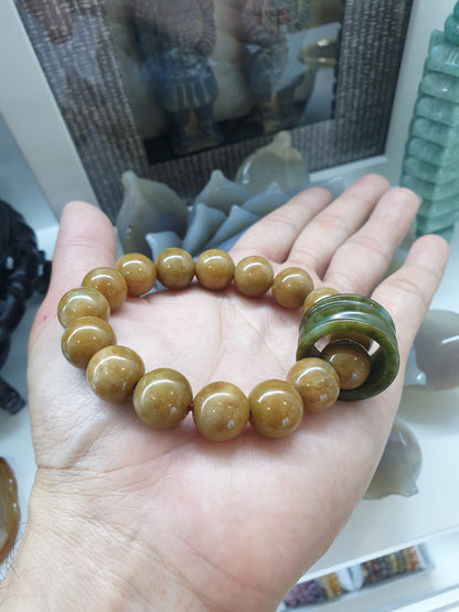 Earthy Cream-Brown Natural Jade Bracelet | Detachable Archer’s Ring Charm | His or Hers Unique Wrist Candy with Handmade Beads