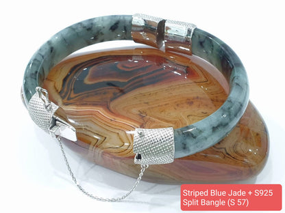 Jade Split Bangle S57 Type A Natural Blue Jadeite Sterling Silver Designer Locks