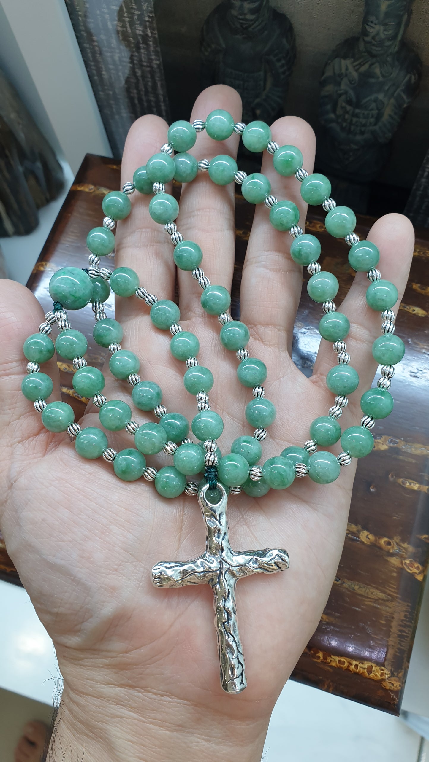 Green Jade Beads Rosary Necklace (33 inch) |Type A Natural Jadeite + Sterling Silver | Collector's Material