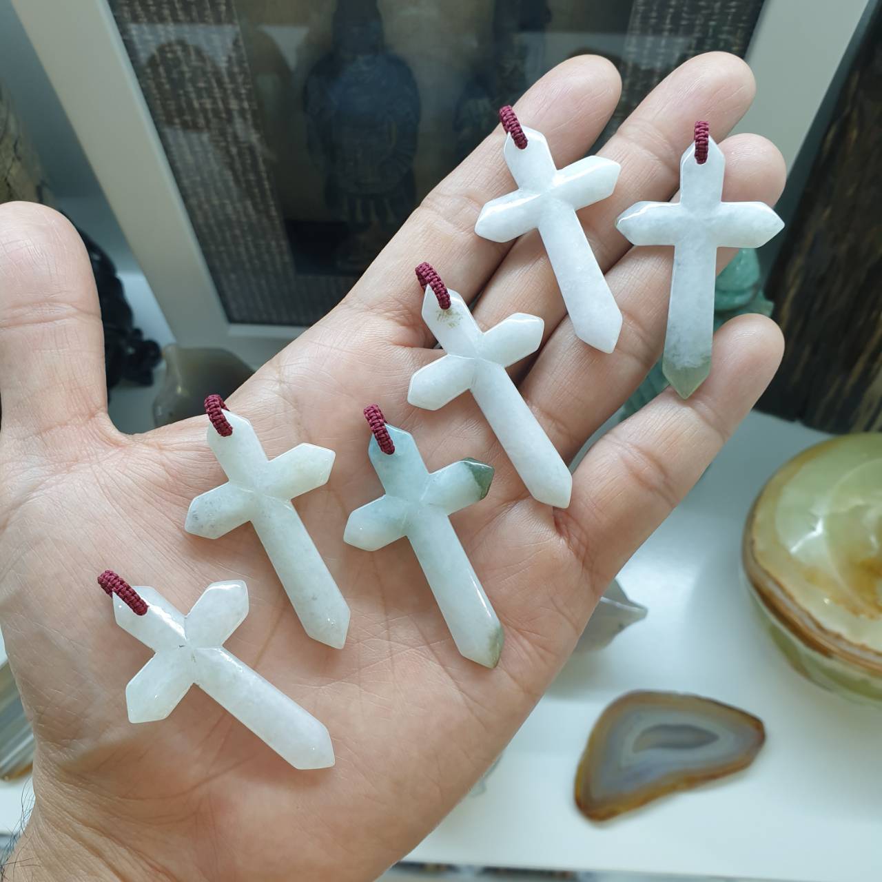 White Jade Cross Pendant (Random Pick) | Fei Cui - Type A Jadeite | Handwoven Bail