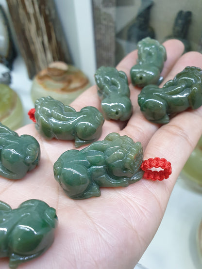 Glossy Green Jade Pixiu Pendant Natural Type A Jadeite with Thread Bail