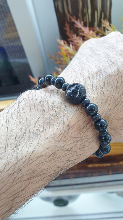 Black Jade Buddha Peace Bracelets 17cm Natural Burma Jadeite Alternate Beads