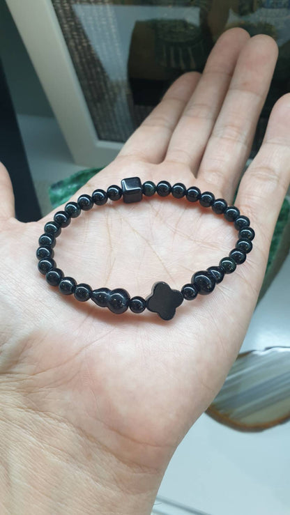 Natural Black Jadeite 17cm Bracelet with Clover, Wu Lou, and Cube Beads